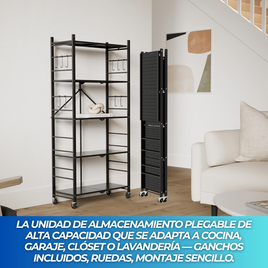 FlexRack Fold™ – Estantería Metálica Plegable 5 Niveles con Ganchos y Ruedas - ClickStore Honduras